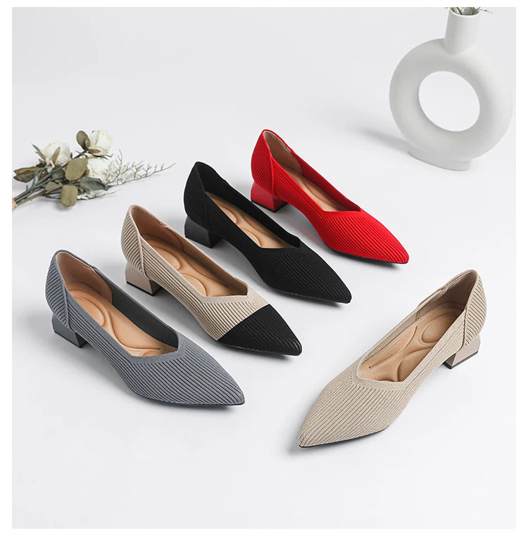 Women's large high-heeled shoes Multicolor pointy knit breathable comfortable anti-skid rubber sole work shoes 2023 new autumn