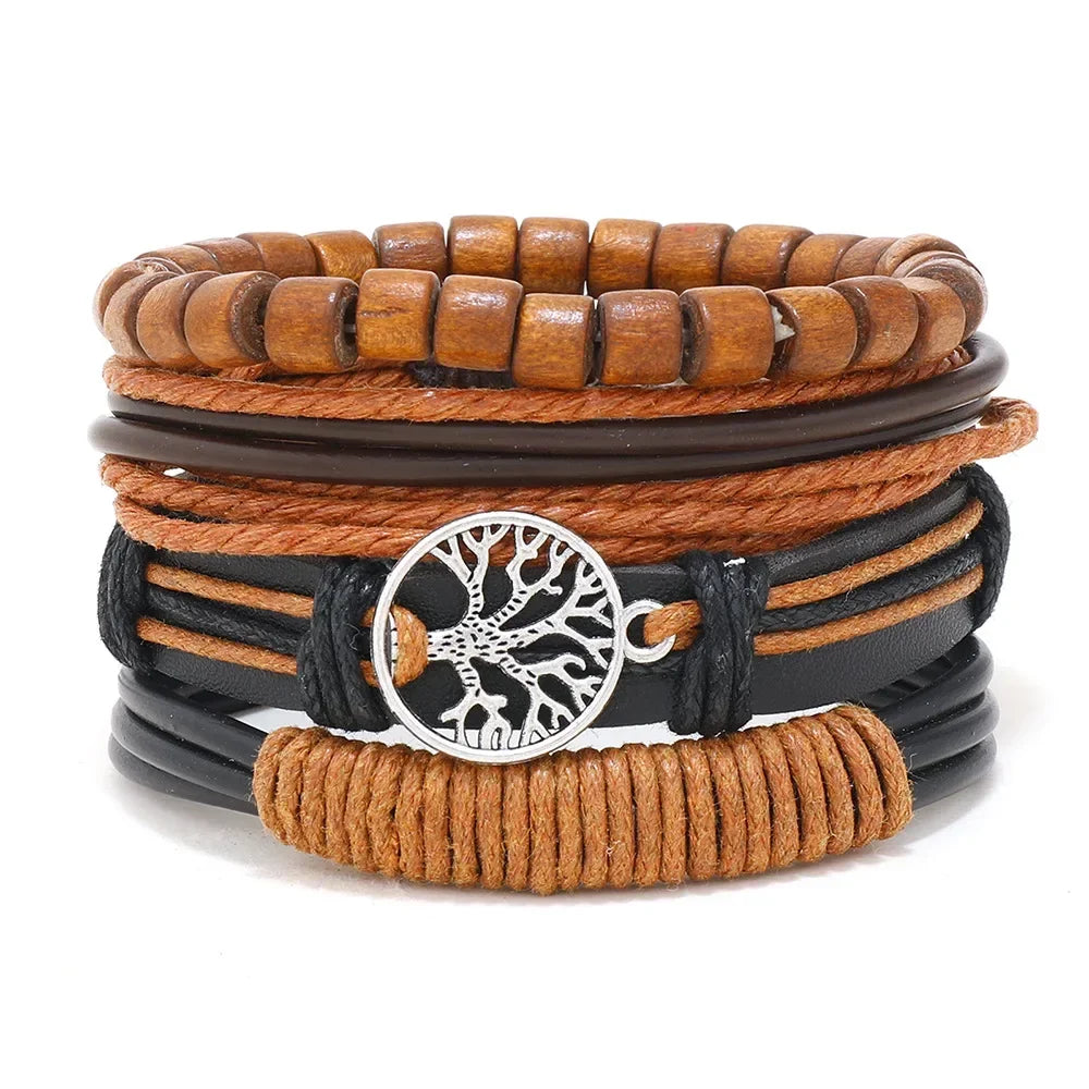 Vintage Leather Hand-knitted Couple Bracelet Set for Men Women Personality Design World Tree Bangle Jewelry Accessories Gift