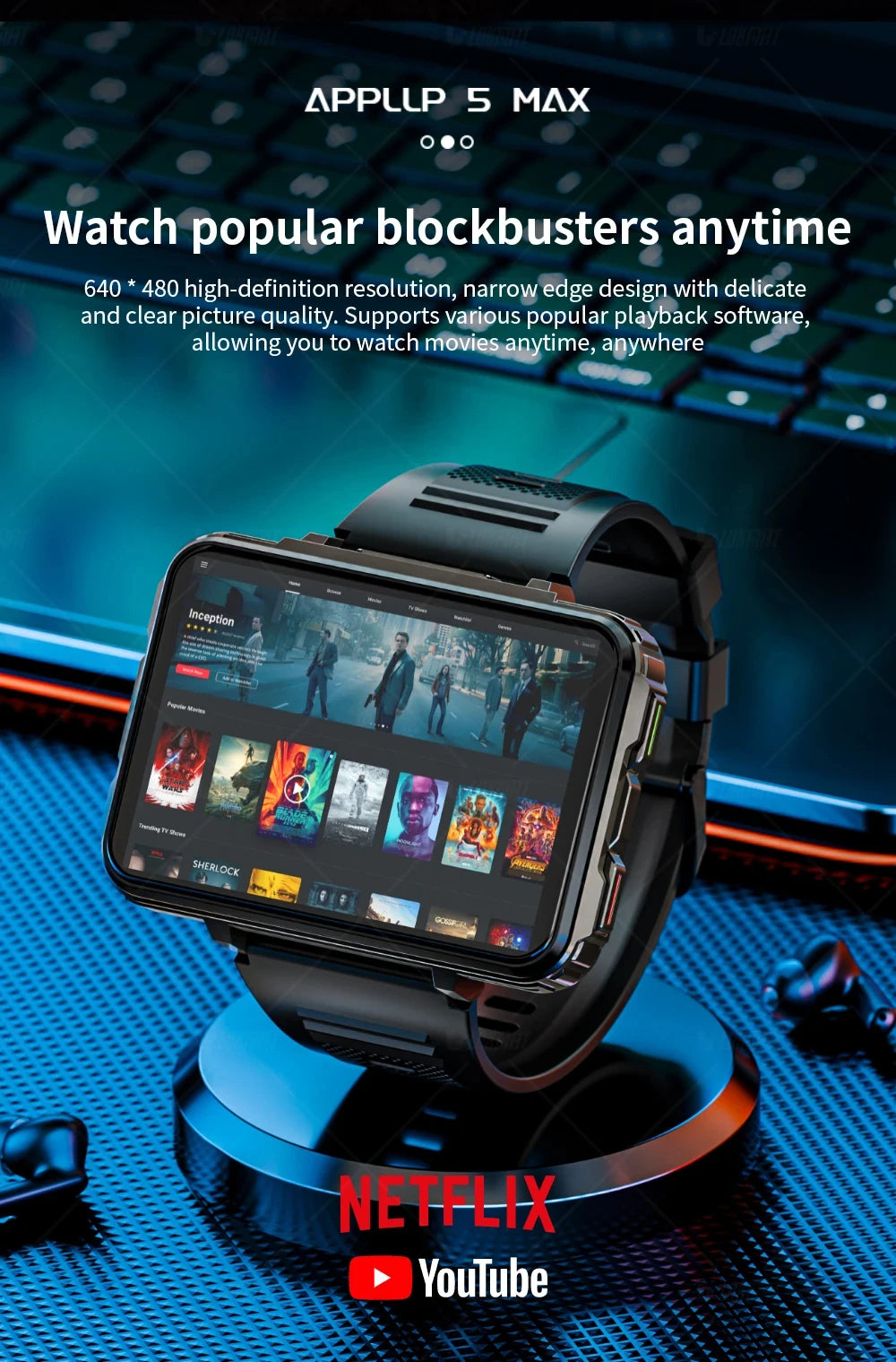 LOKMAT APPLLP 5 MAX Android Watch Phone Square Big Screen Wifi 4G Calls Smartwatches Dual Camera with Flashlight Gaming Watch