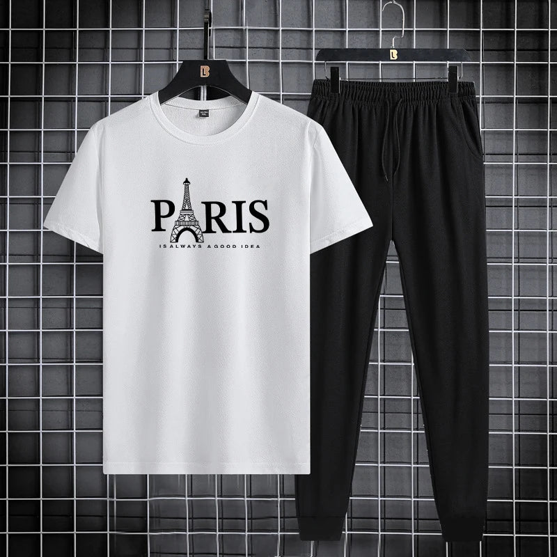 Summer new men's round neck quick drying casual sports fitness breathable short sleeved+shorts set two-piece set - Clikcy