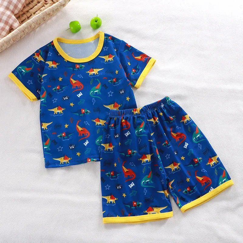 2024 New Boys Girls Summer Thin Clothing Sets Kids Cute Cartoon Print Short Sleeve T-Shirt Tops with Shorts Toddler Baby Pajamas - Clikcy