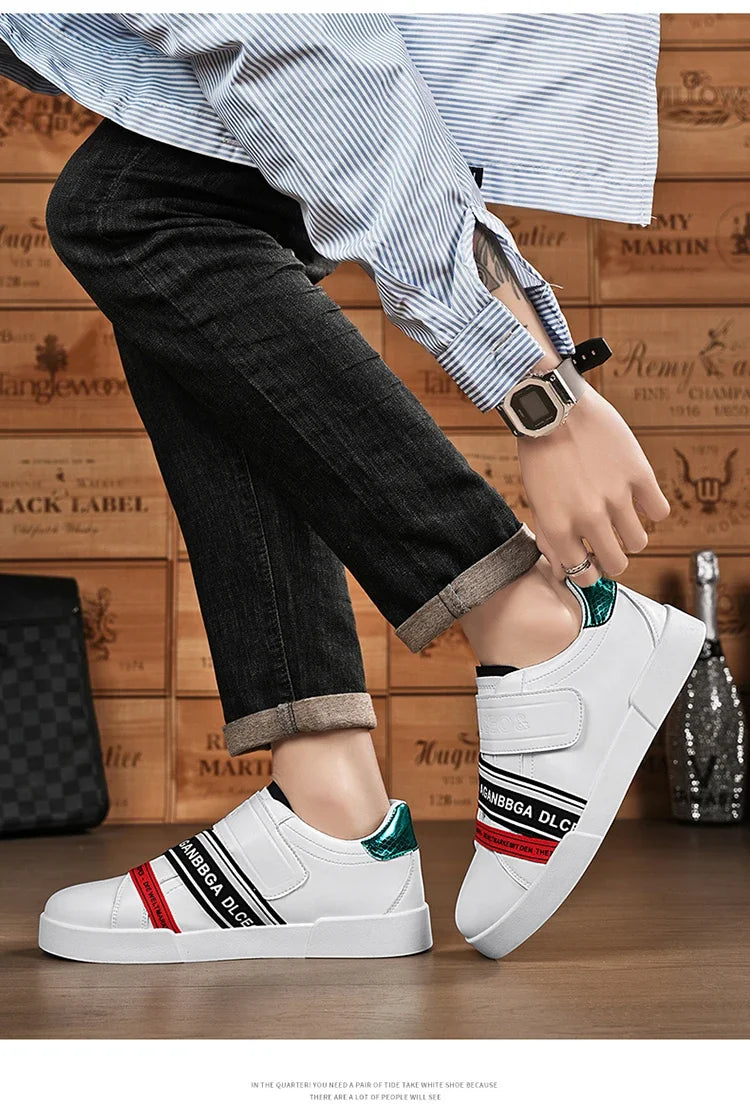 Original Design Leather Sneakers Men Trendy HOOK&LOOP Non-slip Men's Skateboard Shoes Fashion White Casual Sports Shoes For Men - Clikcy