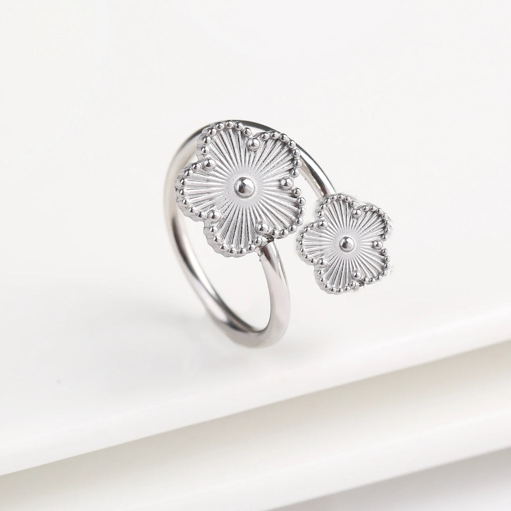 Simple Adjustable Stainless Steel Five Leaf Flower Open Ring Fashion for Woman Party Wedding Trend Jewelry Accessories Clover - Clikcy