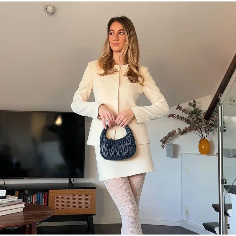 Casual Single Breasted Loose O-neck Blazer Coat Elegant Solid Skirt Set for Women High Waist Skirts Female 2025 Spring Outfit - Clikcy