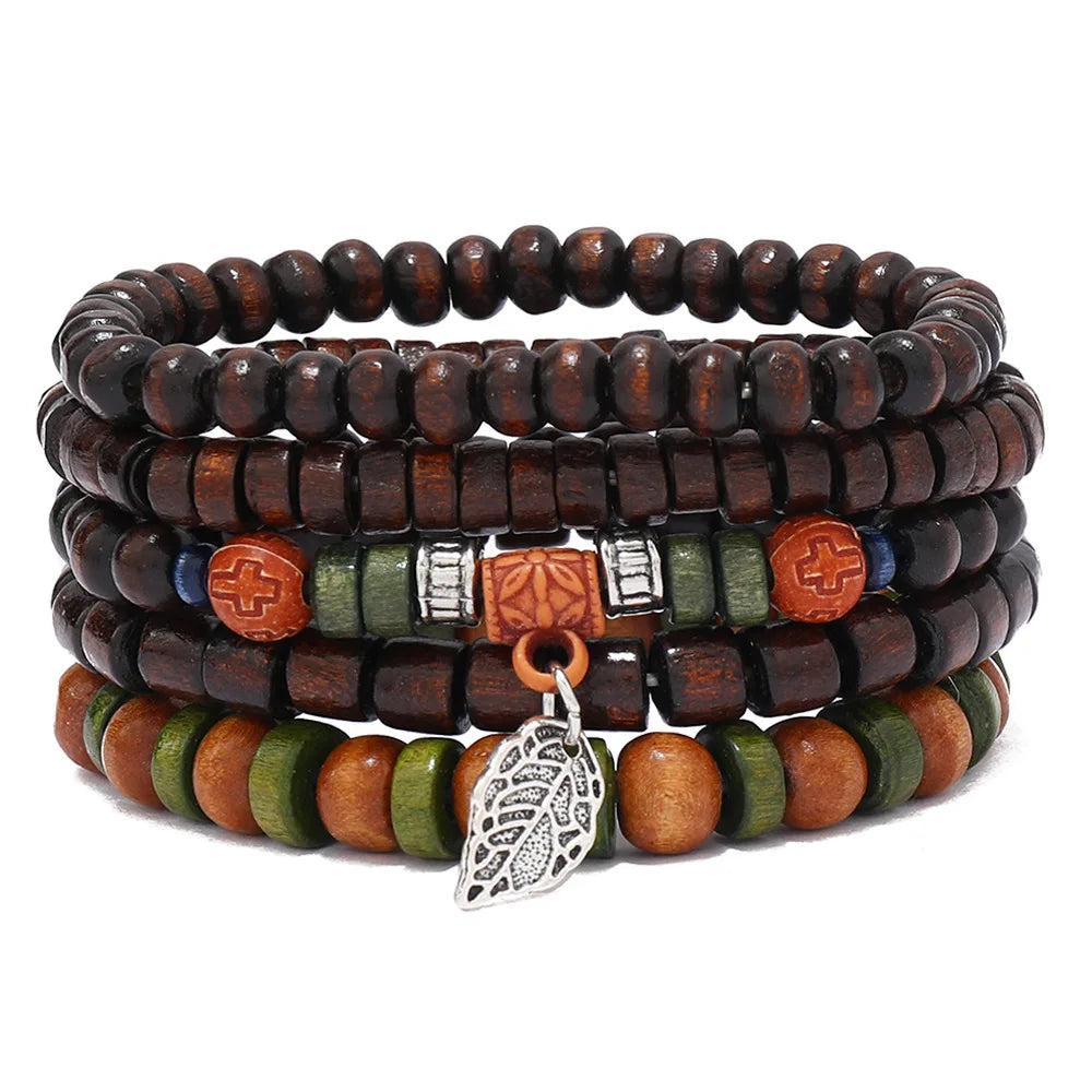 Ethnic 4-5pc/set wood bead tree Cactus Charms bracelets Hamsa Hand Butterfly Bohemia Men Bracelets For Women Female Jewelry - Clikcy