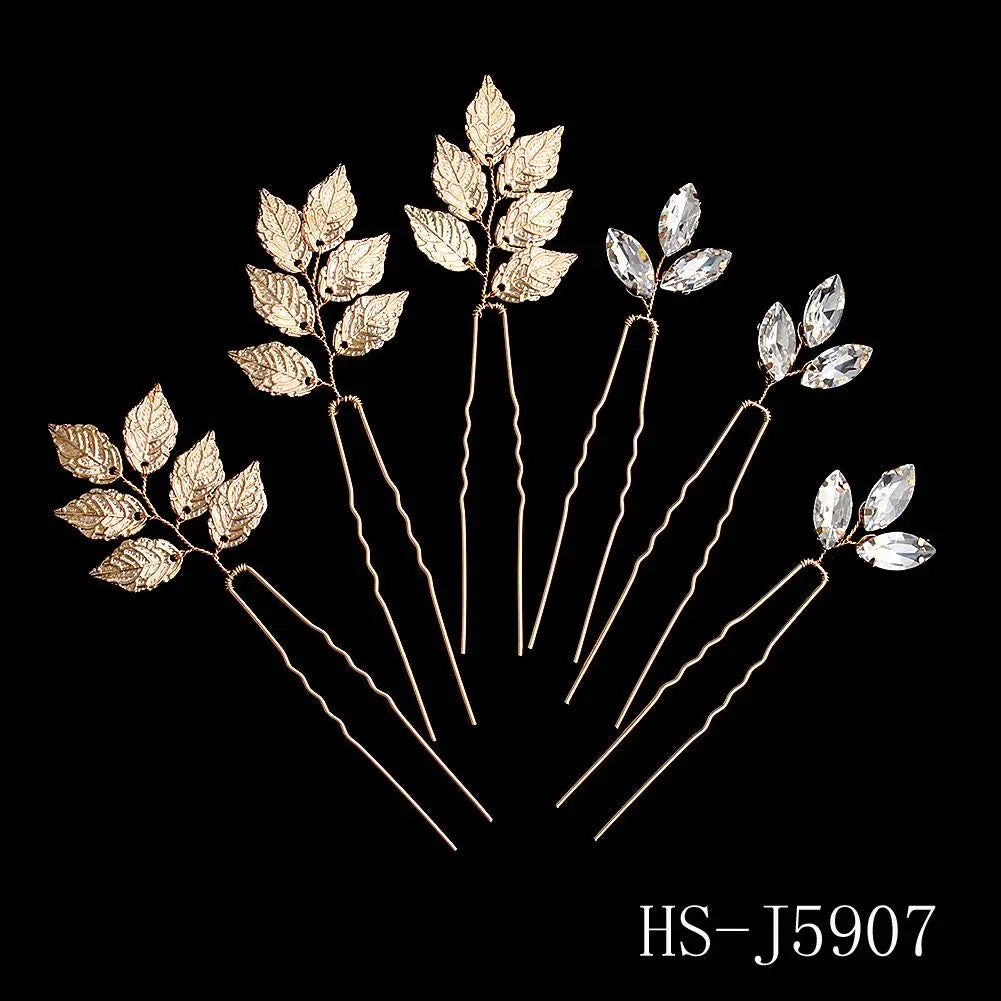 6PCS Gold Leaf Metal Hairpin Fashion Bridal Headdress Hair Accessories Rhinestone Crystal Hair Clips For Women Holiday Gift - Clikcy