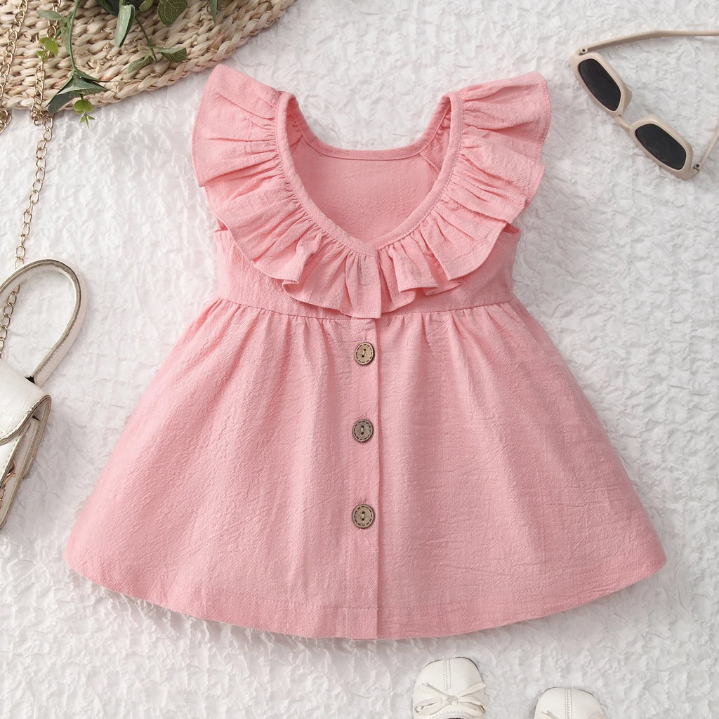 Summer Back Bow Children Girls Flutter Sleeve Princess Dresses Ruffle Sleeve Linen Cotton Baby Kids Dress - Clikcy