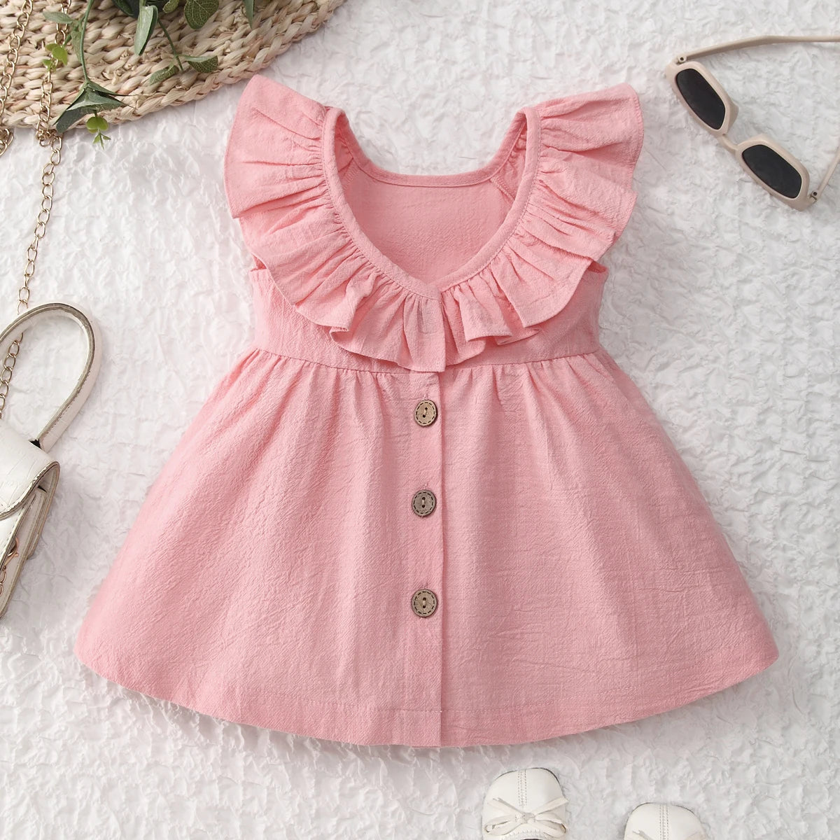 Summer Back Bow Children Girls Flutter Sleeve Princess Dresses Ruffle Sleeve Linen Cotton Baby Kids Dress - Clikcy