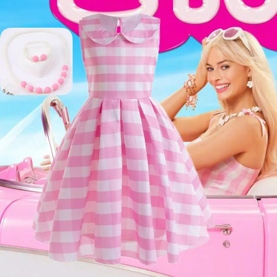 Pink Barbie Dress For Girls Sweet Doll Collar Plaid Cosplay Costumes Sleeveless Dress Fashion Party Clothes Kids New Year Gift - Clikcy