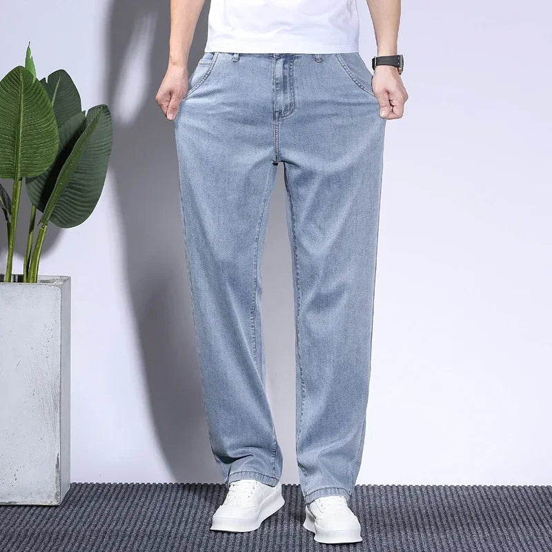 Soft Men's Lyocell Baggy Jeans Thin Summer Breathable Straight Pants Vintage Business Casual Fashion Korea Male Denim Trousers - Clikcy