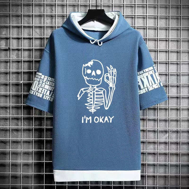 2024 Summer Men Clothing Men's Sweatshirts Korean Fashion Harajuku Short Sleeve Hoodies Men Streetwear Print Skulls Hoodies Men - Clikcy