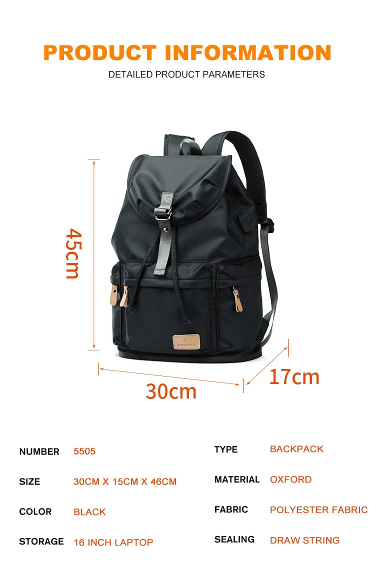 Fashion Men Backpacks Nylon Waterproof USB Charging Bag Casual Travel Korean Stlye Mochila for Travel Vintage School Bag - Clikcy