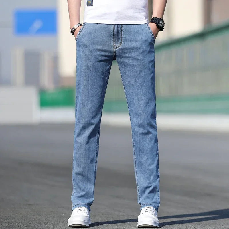 KUBRO 2024 Summer New Men's Loose Stretch Gray Jeans Fashion Casual Stretch Straight-leg Denim Pants Male Light Blue Brand - Clikcy