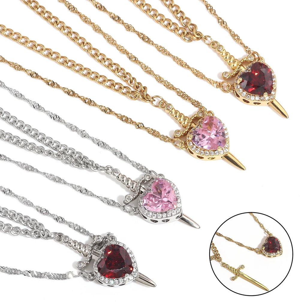 LATS 2pcs Can Be Assembled Heart and Sword Zircon Pendant Necklace for Women Men Couple Silver Gold Plated Choker Chain Jewelry - Clikcy