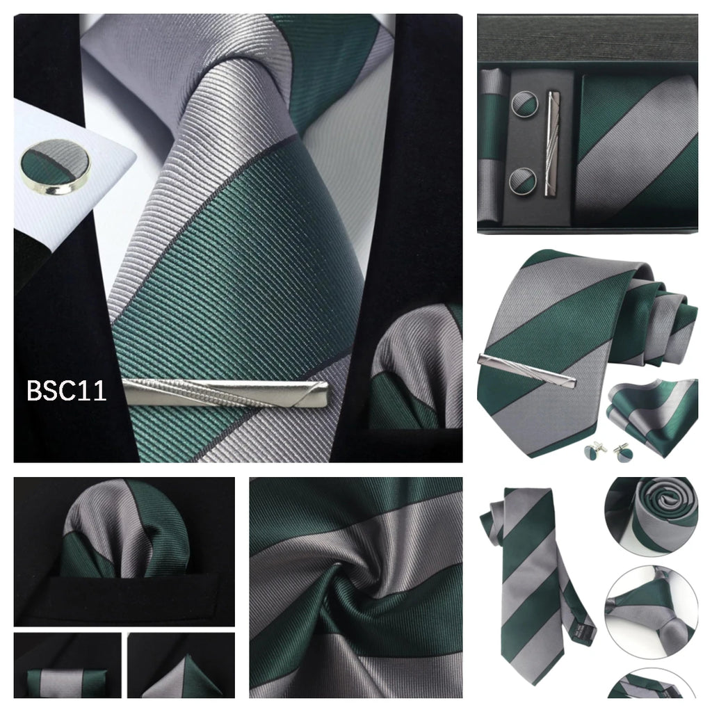 Classic 100% Silk Men's Ties In Gift box 8cm Plaid Dot Striped Business Necktie Handkerchief Cufflinks Wedding Party Tie Set