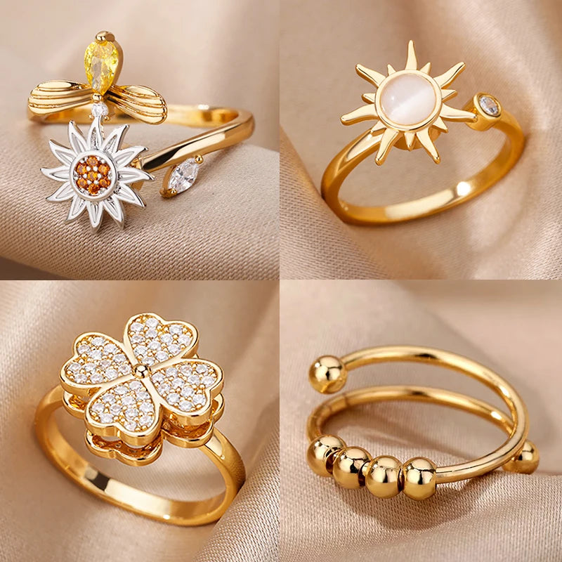 Anti-Stress Anxiety Rings for Women Gold Color Open Adjustable Rotating Ring Aesthetic Wedding Fashion Jewelry Gift - Clikcy