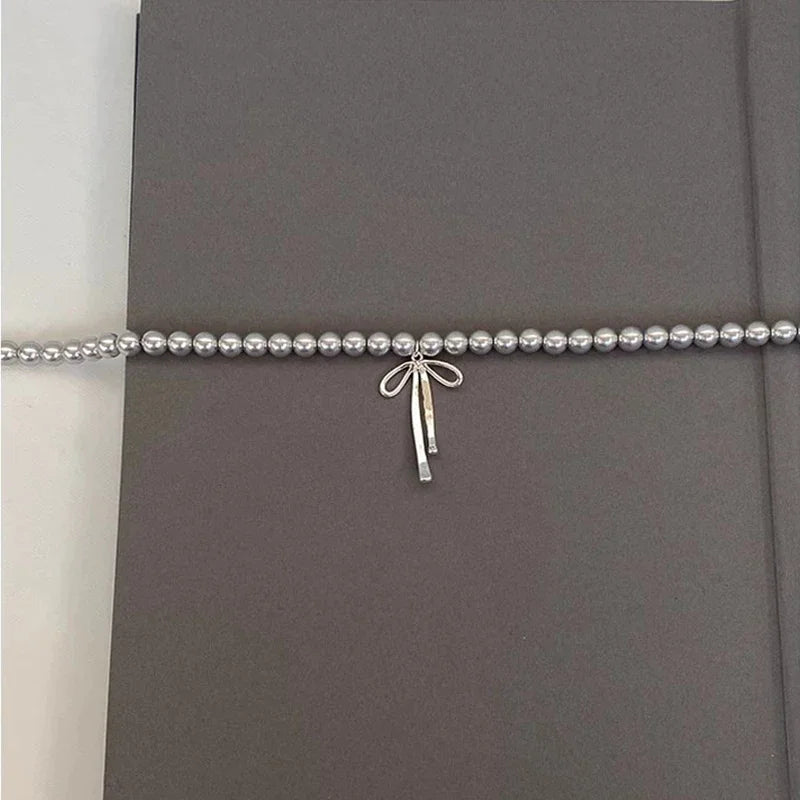 LATS Gray Pearls Bowknot Pendant Necklace for Women Girls Graceful Butterfly Choker Chain Jewelry Gift Accessories - Clikcy