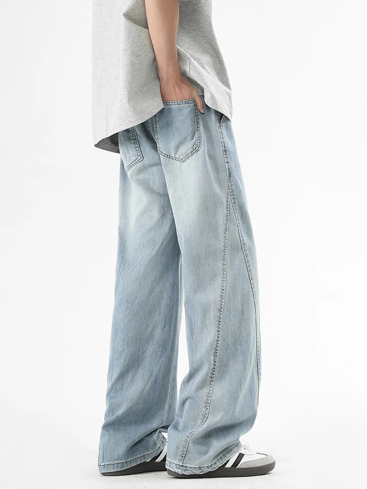 Summer Men's Lightweight Jeans Korean Fashion Breathable Cotton Drawstring Wide-Leg Baggy Denim Pants Straight Jean Trousers - Clikcy