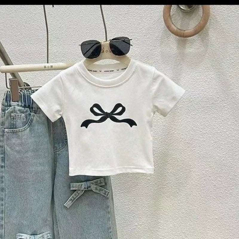 Summer Childrens Girls Clothing Sets Printed Bow Short Sleeve Top Jeans Suit Kids Girls 2pcs Sets 2-8 Years Girls Outfits - Clikcy