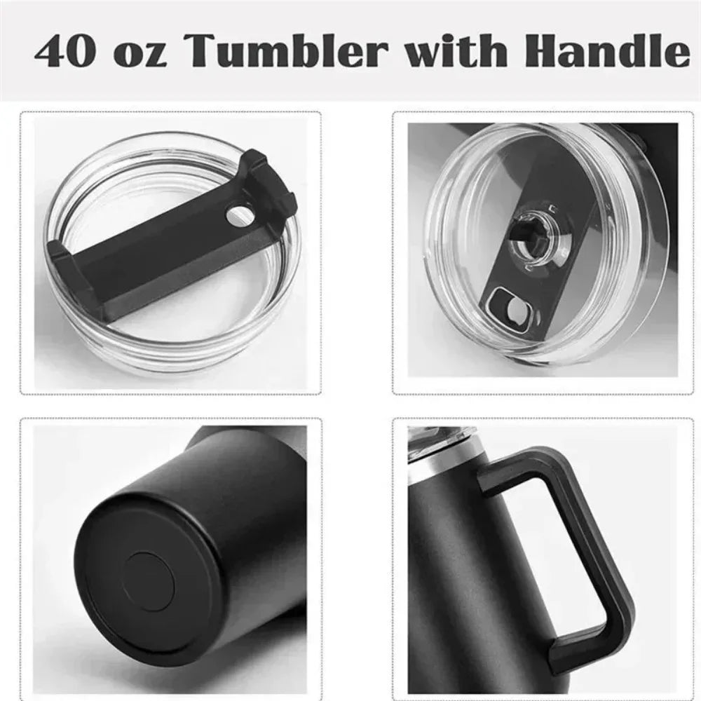 40oz 304 Stainless Steel Insulated Water Bottle,Thermal Coffee Car Cup, Cold Hot Mugs Vacuum Flask With Handle Straw,For Sport - Clikcy