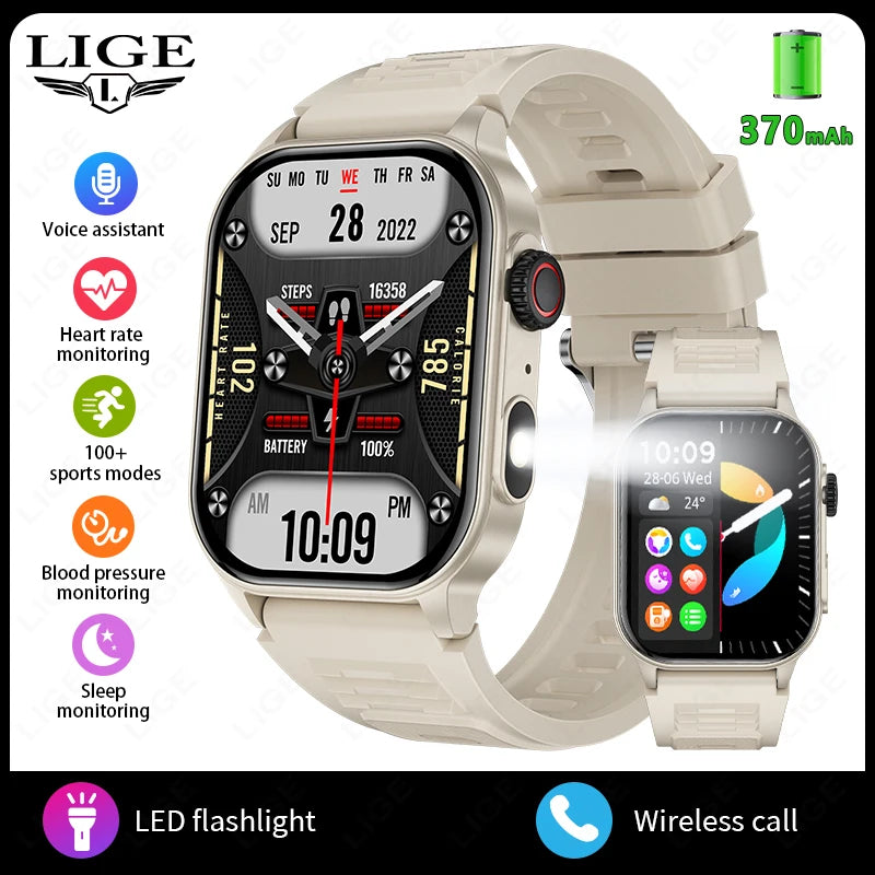 LIGE Smart Watch for Men 3ATM Waterproof Bluetooth Call Health Monitor With Flashlight 370mahBattery 100+Sport Mode Smartwatches - Clikcy