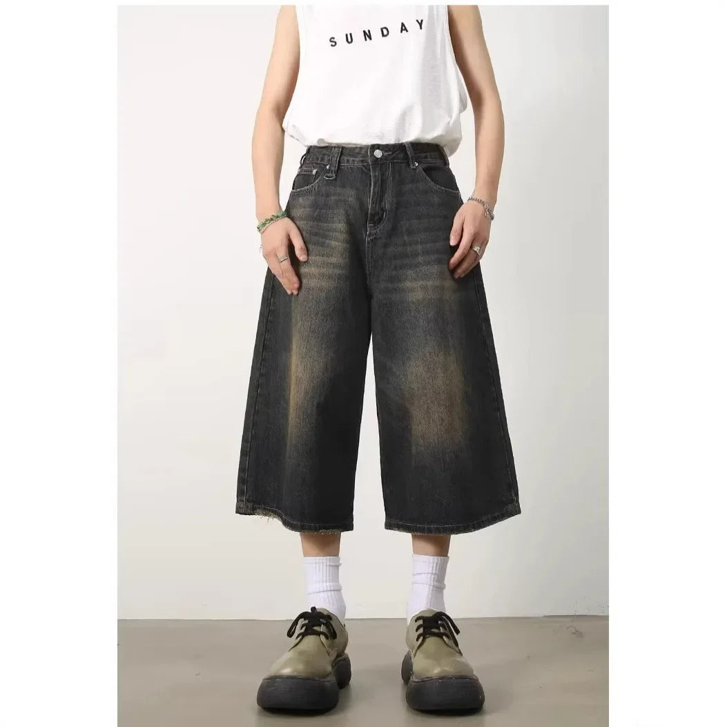 Summer Men's Casual Vintage American Blue Jeans Short Pants Loose Straight Wide Leg Seven Parts Draping Feeling - Clikcy