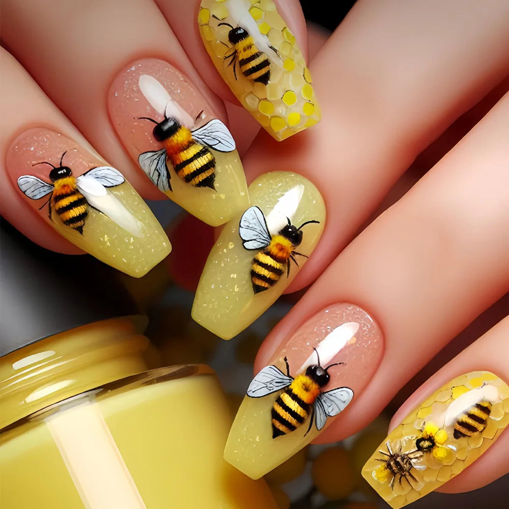 24pcs/set Medium Long fake nails for Spring summer beautiful flowers mushroom bees cute almond square tips press on false nails - Clikcy