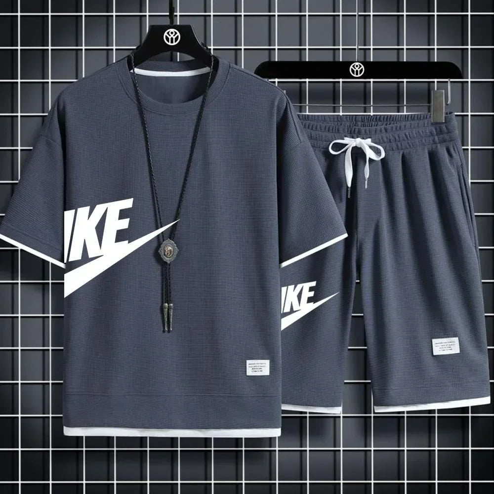 2024 Men's casual two-piece tracksuit Short sleeve and pants Summer Sports Fitness Jogging men's waffle suit fake two pieces - Clikcy