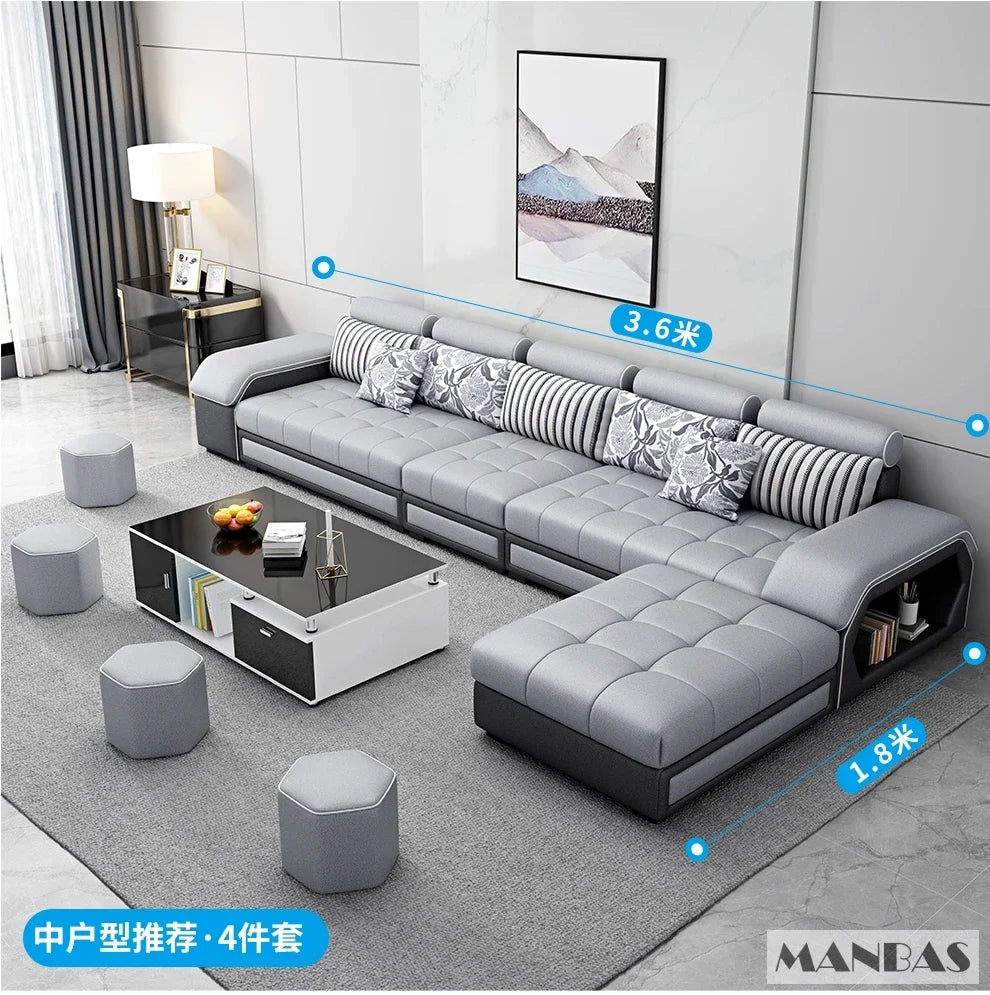 Linlamim Fabric Sofa Set Furniture Living Room Sofa Set with USB and Stools / Big U Shape Cloth Couch Sofas for Home Furniture - Clikcy