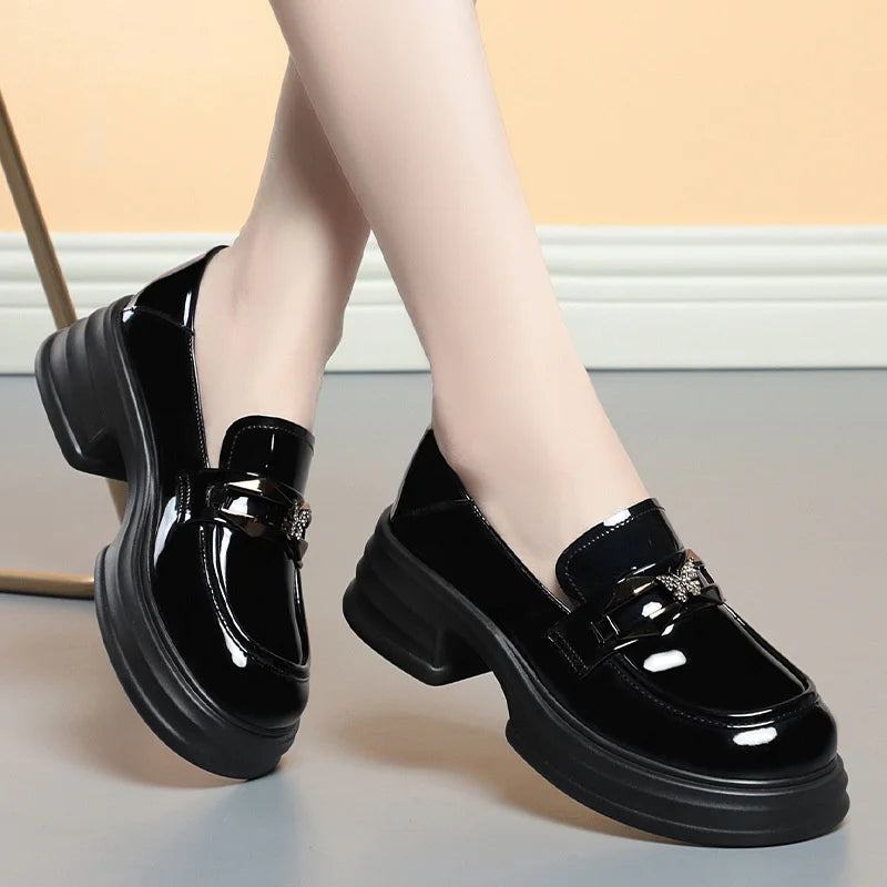 Platform Loafers New Women's Shoes Soft Leather Thick Heels British Small Round Toe Metal Decoration White Leather Shoes - Clikcy