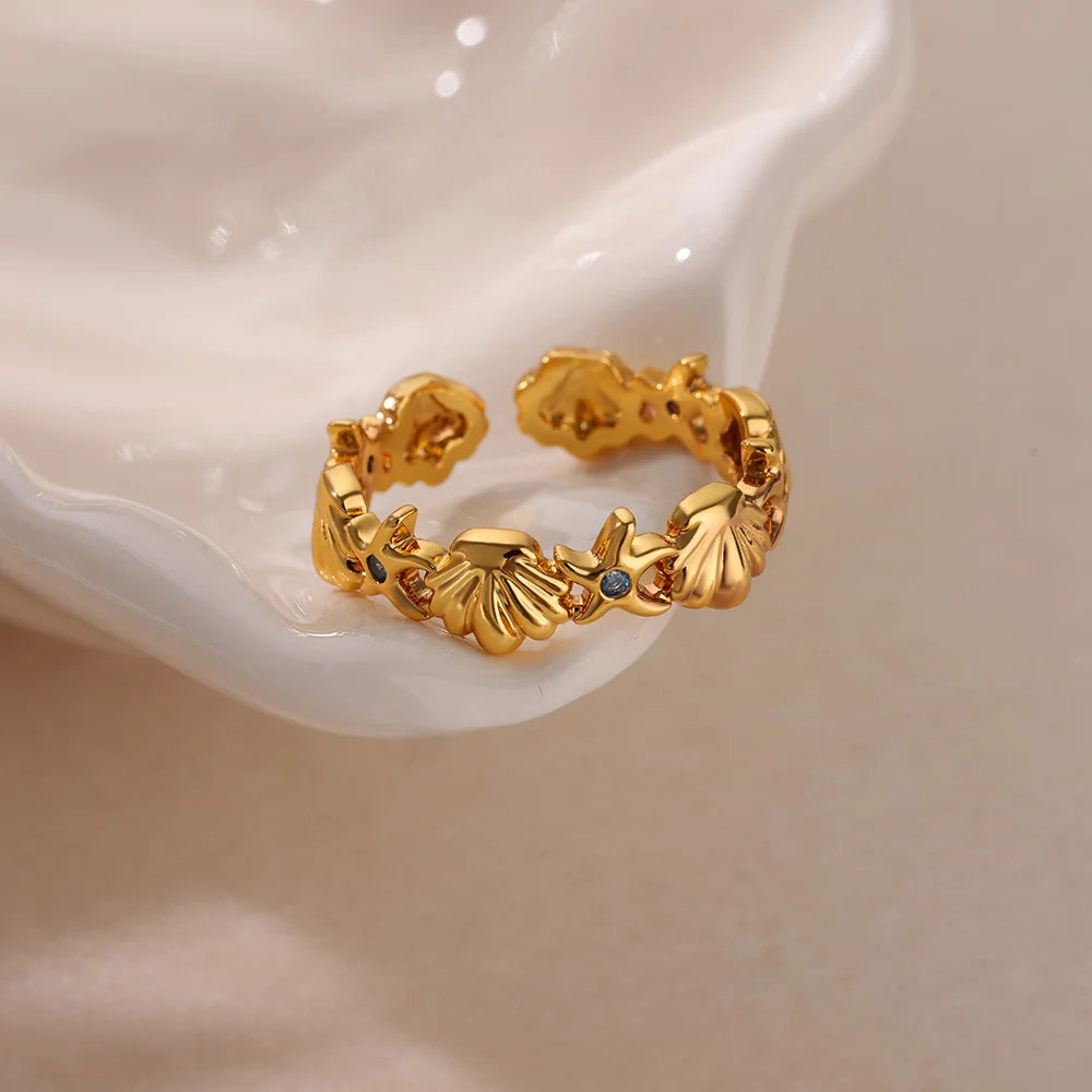 Ocean Starfish Shell Open Rings For Women Gold Color Stainless Steel Ring Summer Beach Aesthetic Waterproof Jewelry Gift - Clikcy