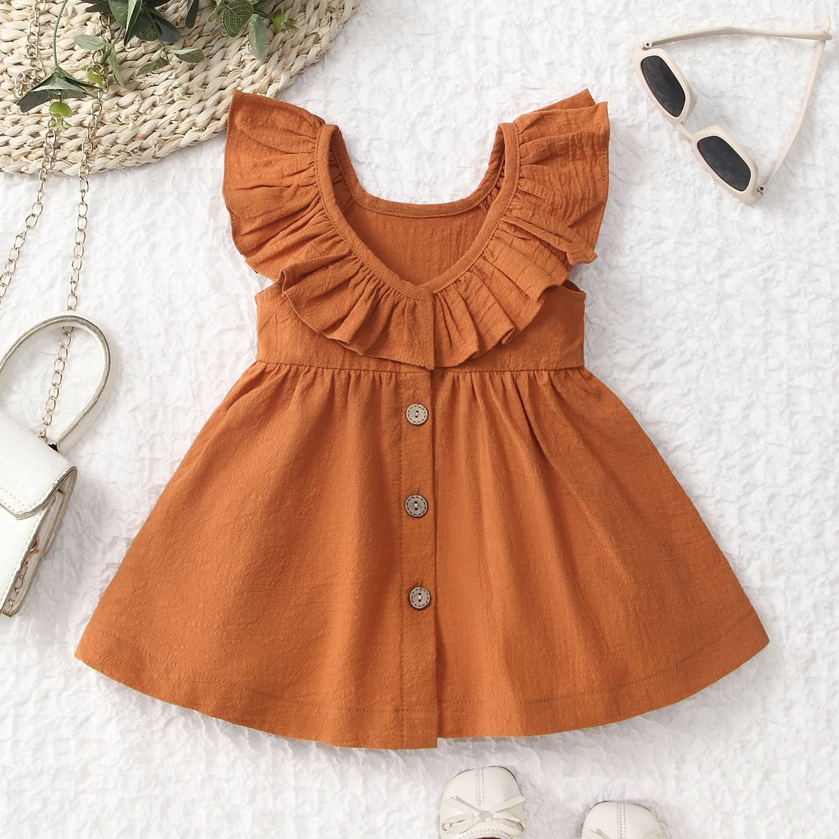 Summer Back Bow Children Girls Flutter Sleeve Princess Dresses Ruffle Sleeve Linen Cotton Baby Kids Dress - Clikcy