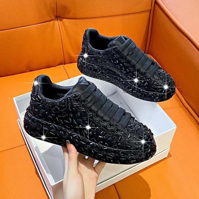 2025 Autumn Leather Women Shoes New Style Fashion Platform Shoes Ins Platforms Sneakers Tide Shine Bling Rhinestone Shoes - Clikcy