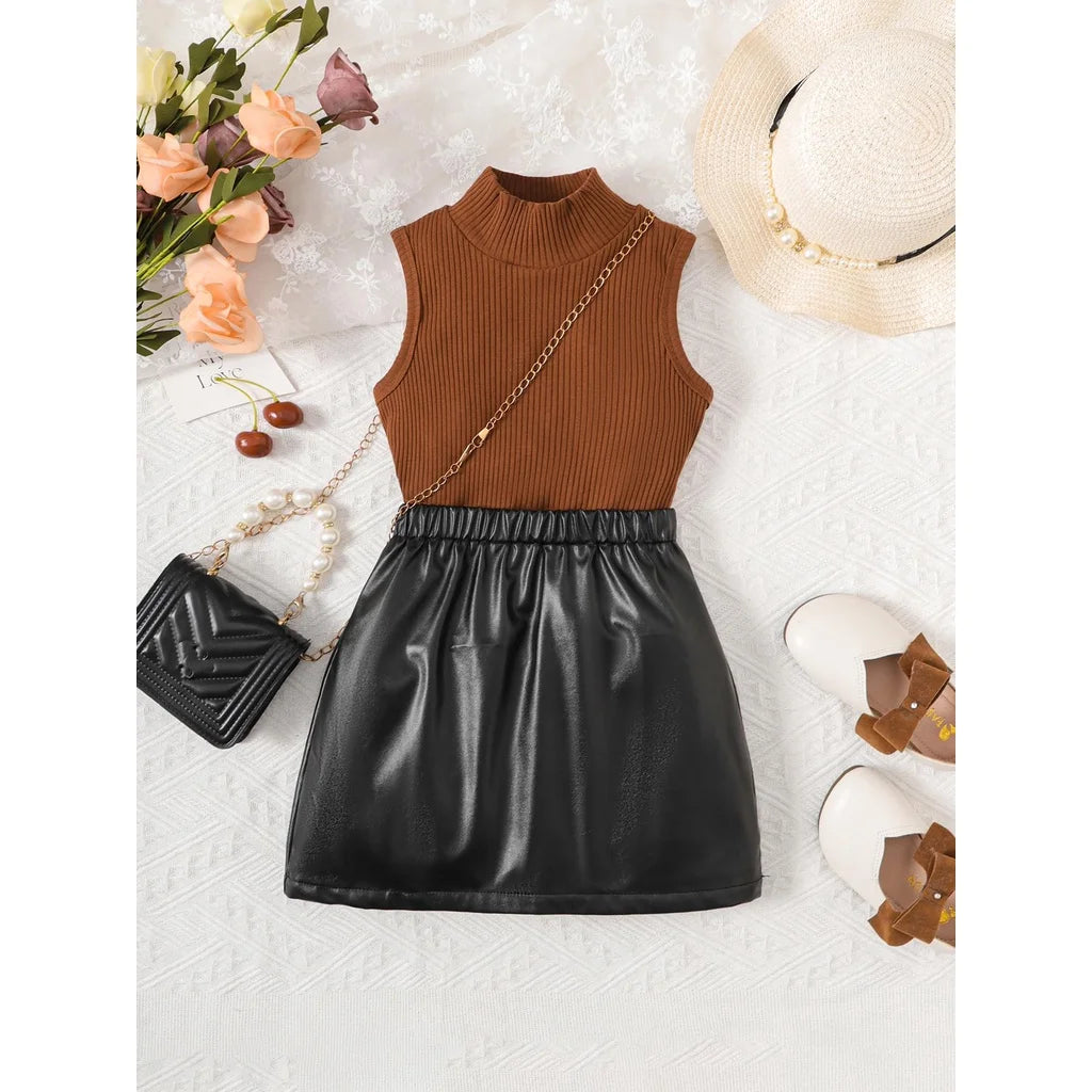Clothes for Kids Girl 2-7 Years 2PCS Fashion Girl Sleeveless T-shirt Leather Skirt Costume Summer Children Girl Holiday Outfits - Clikcy