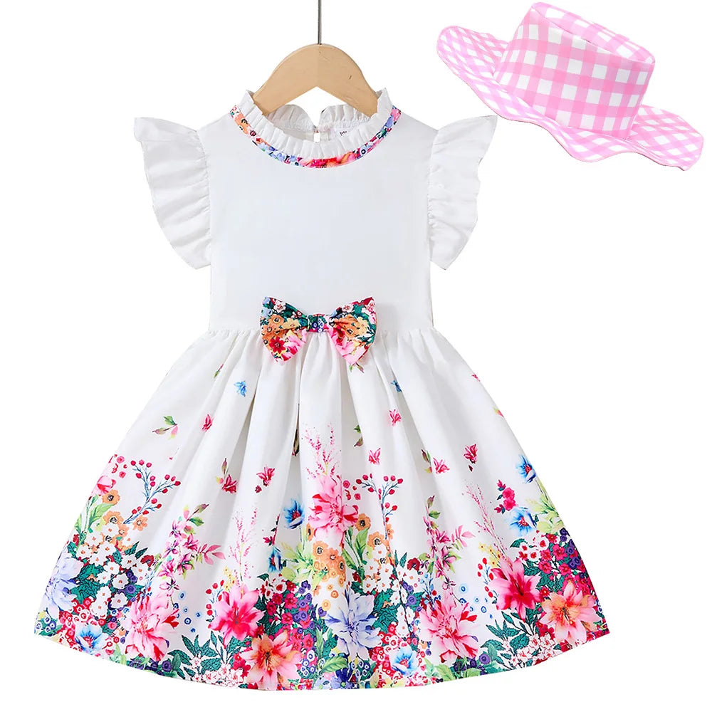 New Kids Girl Dress Summer Floral with Bow Fashion White Vestidos Short Sleeve Children Clothing Outfits Casual Daily Dresses - Clikcy