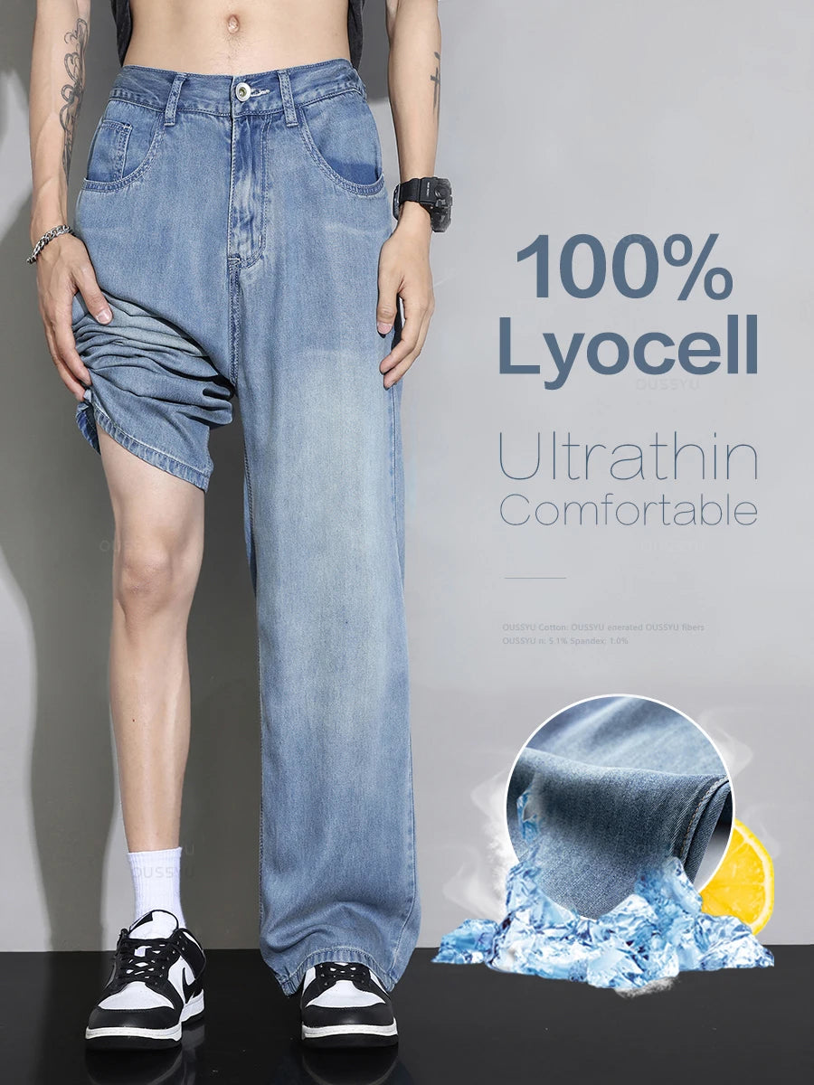 Summer High Quality Cozy Soft 100%Lyocell Fabric Jeans Men Elastic Waist Denim Trousers Korea Loose Straight Blue Casual Pants - Clikcy