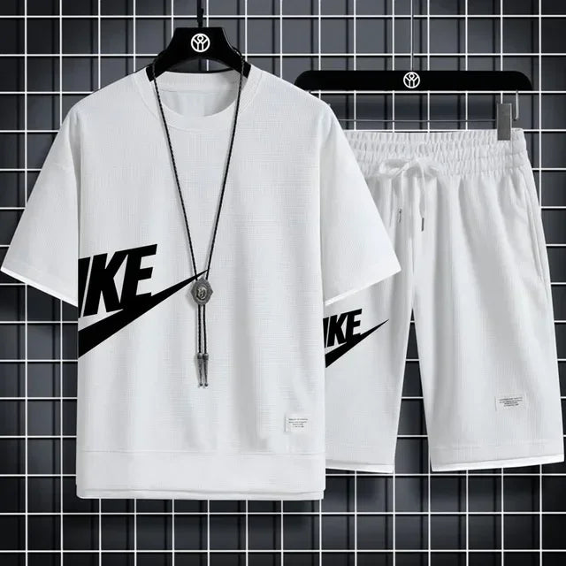 2024 Men's casual two-piece tracksuit Short sleeve and pants Summer Sports Fitness Jogging men's waffle suit fake two pieces - Clikcy