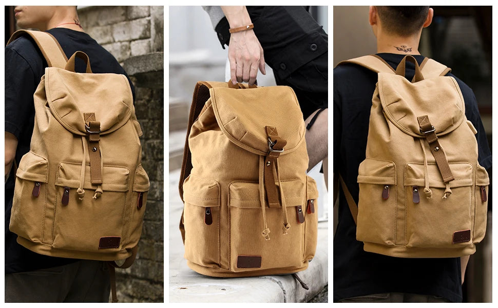 MOYYI Men Vintage Canvas Backpack Large Capacity 15.6inch Laptop Casual Bag For Commuter Travel Premium Durable Unsex Mochila - Clikcy