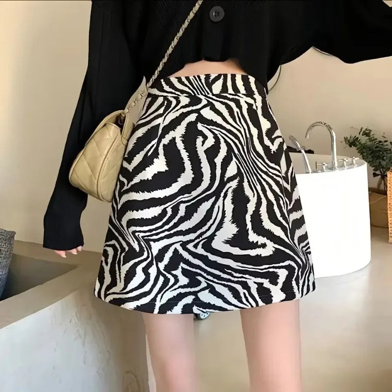 2025 Korean Zebra Print Midi Skirt Women Autumn New Female A-line High Waist Loose Skirts Vintage Mini Skirt - Clikcy