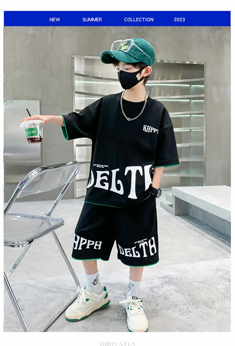 Children Summer Clothing Set For Boys Letter Print Sport Suit Kids Teenager Cotton Outfits Casual Short Sleeve Tracksuit Costume - Clikcy