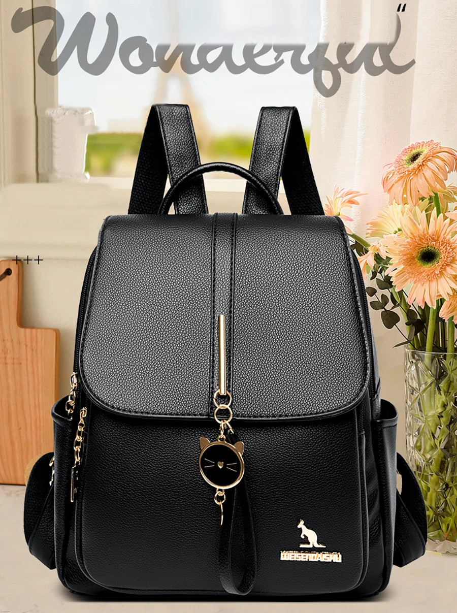 College Women Backpack Designer Soft Leather Vintage Packbag Female Travel Back Pack School Bags for Teenage Girls Shoulder Bag - Clikcy