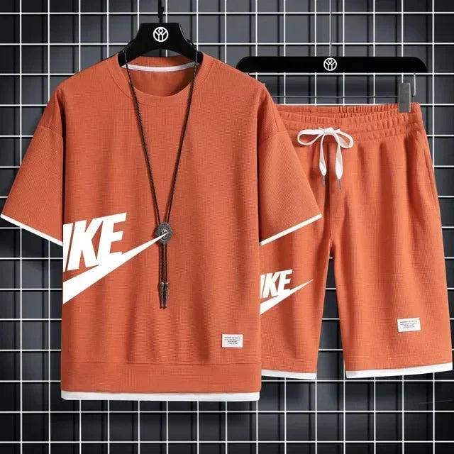 2024 Men's casual two-piece tracksuit Short sleeve and pants Summer Sports Fitness Jogging men's waffle suit fake two pieces - Clikcy