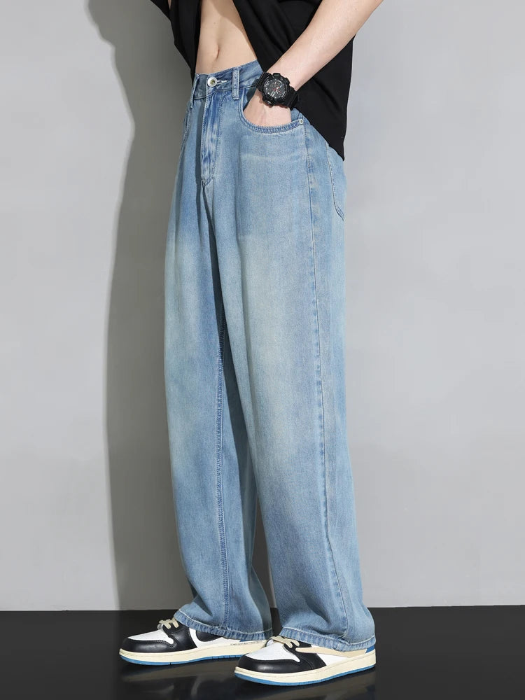 Summer High Quality Cozy Soft 100%Lyocell Fabric Jeans Men Elastic Waist Denim Trousers Korea Loose Straight Blue Casual Pants - Clikcy