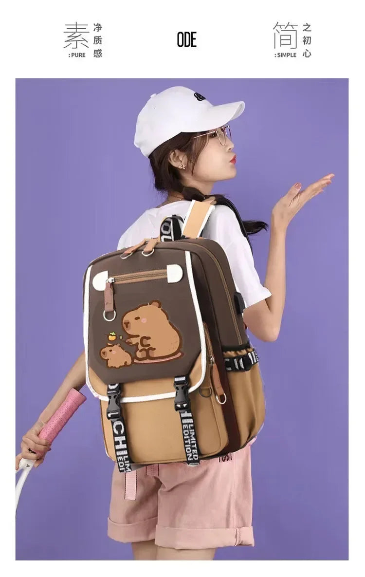 Stylish Kawaii Capybara Computer Backpack College School Casual Daypack Teens Bag Large Capacity Adjustable Strap Schoolbag - Clikcy