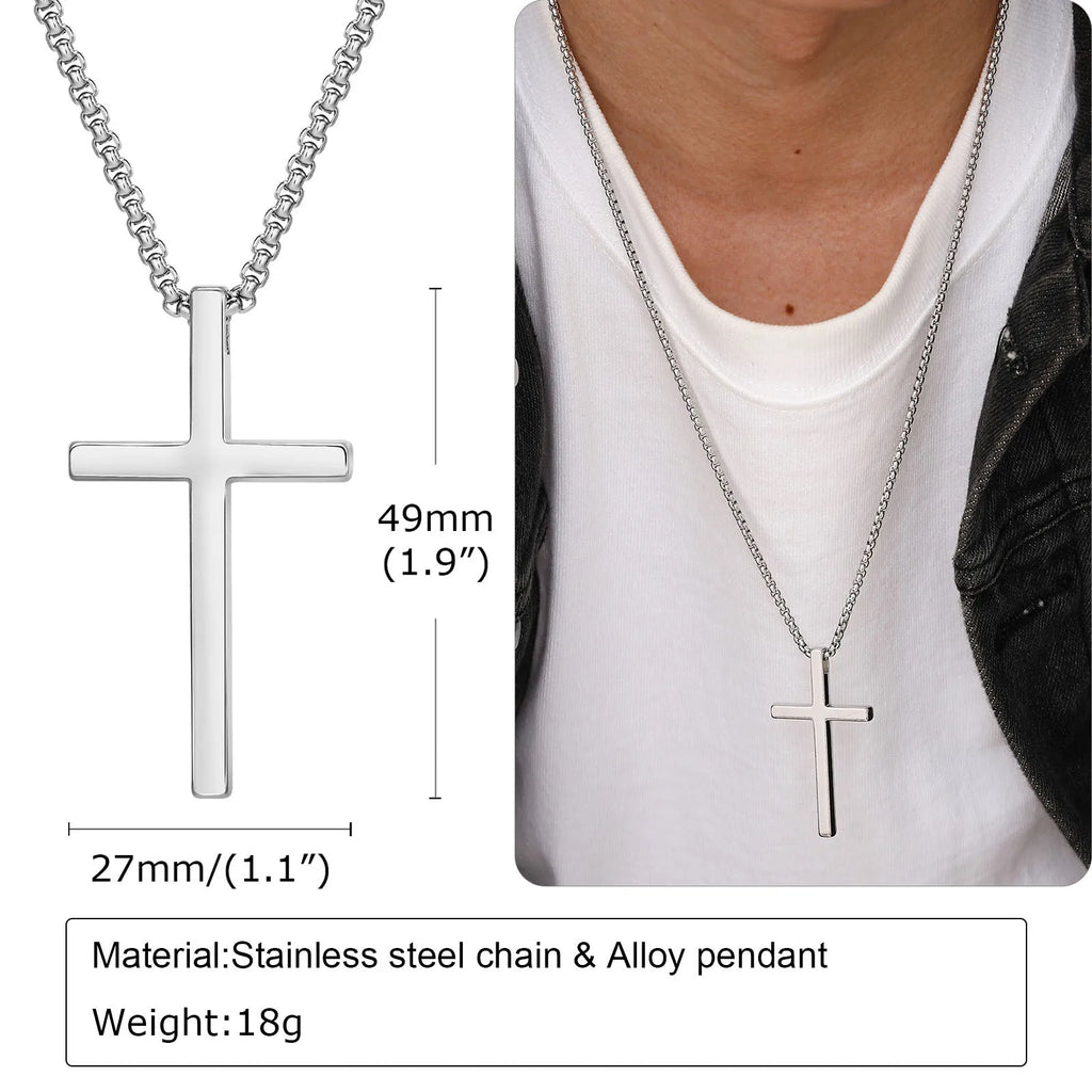 Vnox Cross Necklace for Men Women, Silver Color Plain Cross Pendant Collar with Stainless Steel Box Chain - Clikcy