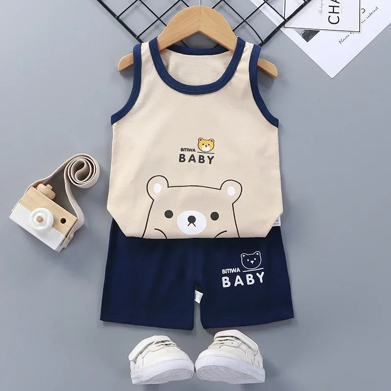 Children Sets Kids Clothes Boys Girls Vest Suit  Summer Children's Clothing baby Cotton T-Shirts Shorts Tank Top Sleeveless - Clikcy