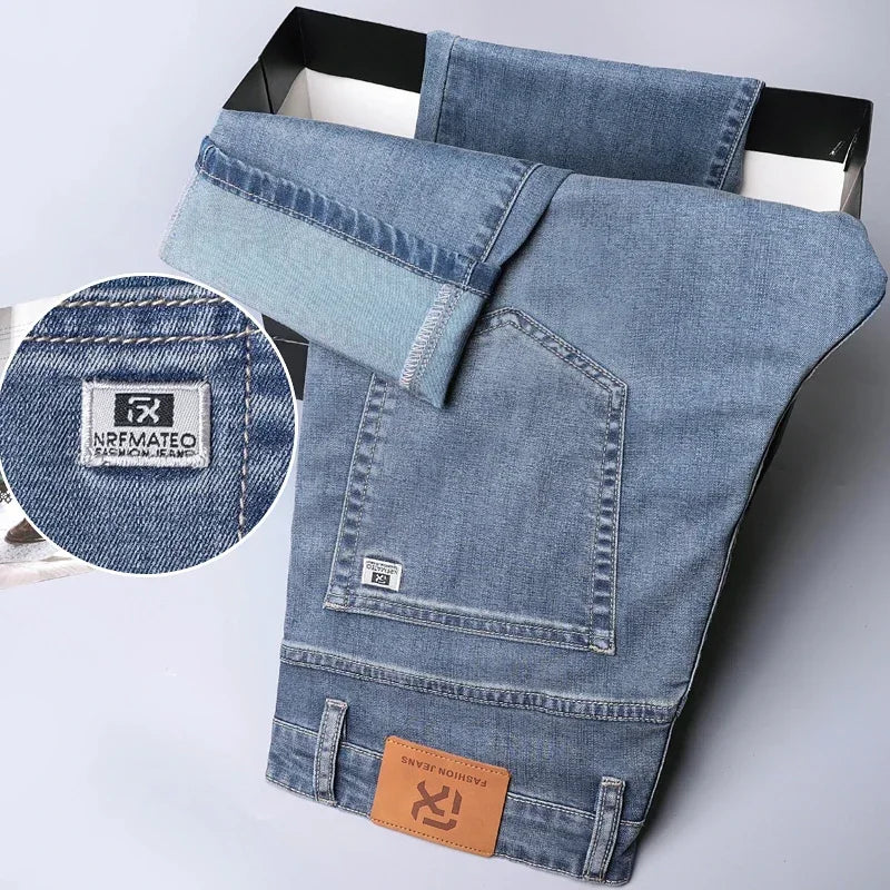 Soft Men's Lyocell Baggy Jeans Thin Summer Breathable Straight Pants Vintage Business Casual Fashion Korea Male Denim Trousers - Clikcy