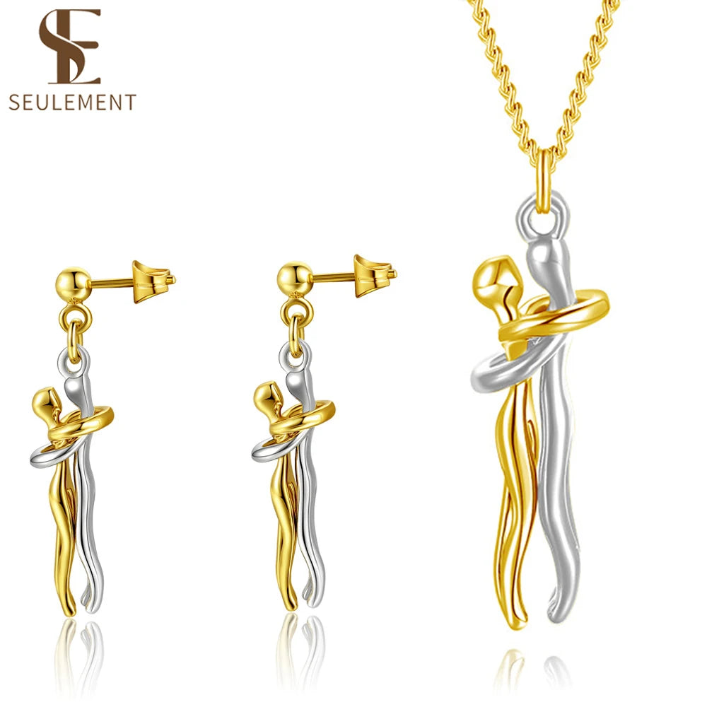 Seulement New 14K Gold Plated Embrace Pendant Couple Necklace for Women Two-tone Hug Earrings Valentine's Day Jewelry Gift - Clikcy