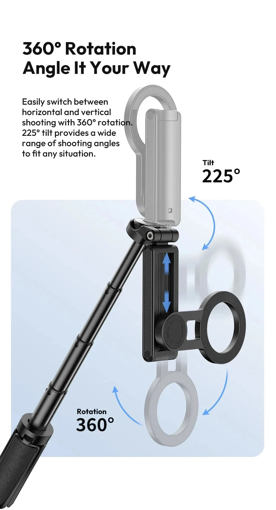 4-in-1 Multi-function Selfie Stick with Wireless Remote Control | Magnetic, Cell Phone Clip Dual Combination, 360° Rotation - Clikcy