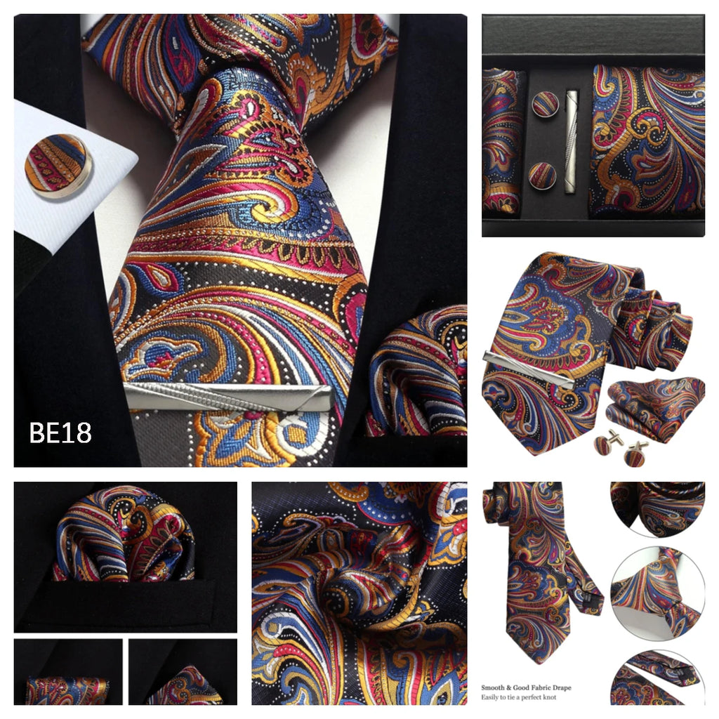 100% Silk Necktie Paisley Floral Mens Tie Top Quality Business Tie Pocket Square Tie Clip Cufflinks Set Classic For Men Gift Box - Clikcy